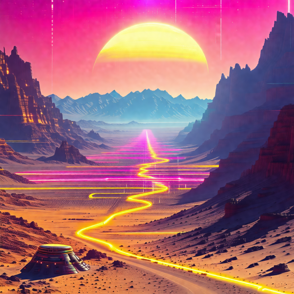 Beautiful landscape with a pink sky and a yellow sun