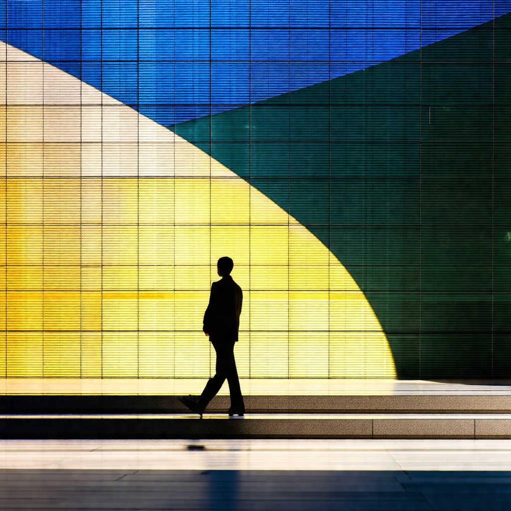 Man walking down a sidewalk, with a bright yellow buildin...