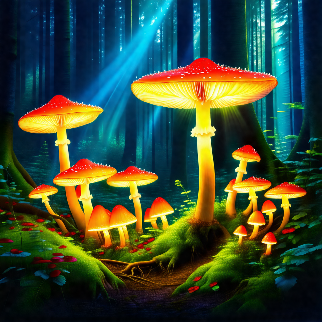 Forest with a group of mushrooms growing on the ground