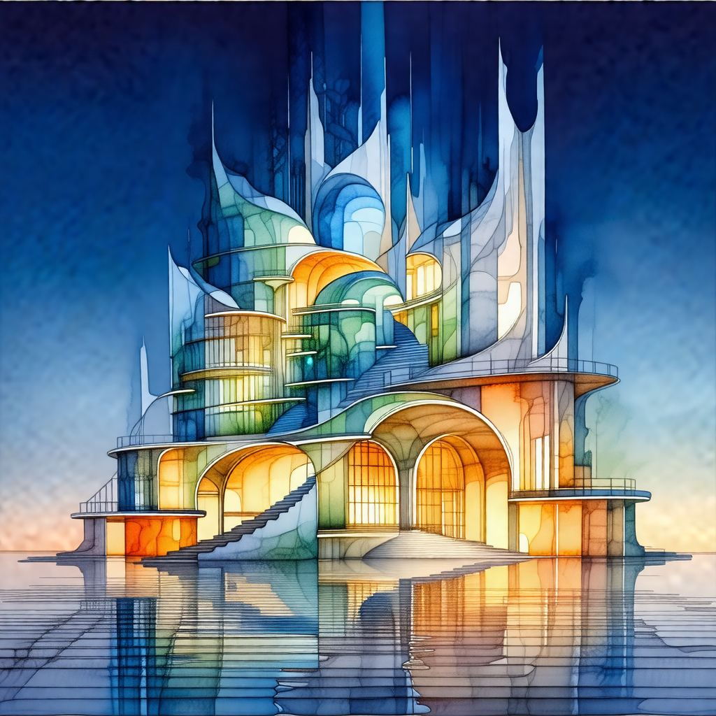 Blue and orange colored drawing of a large, futuristic bu...