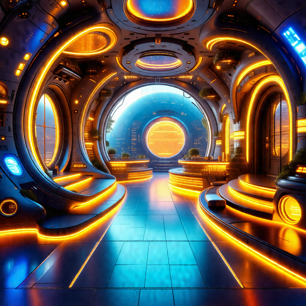 Futuristic scene with a large, round, blue and orange room
