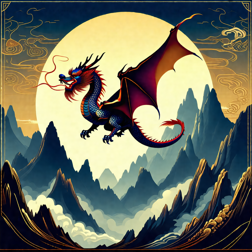 Dragon flying through the sky, with its wings spread wide