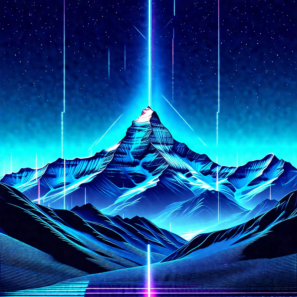 Blue and purple painting of a mountain range