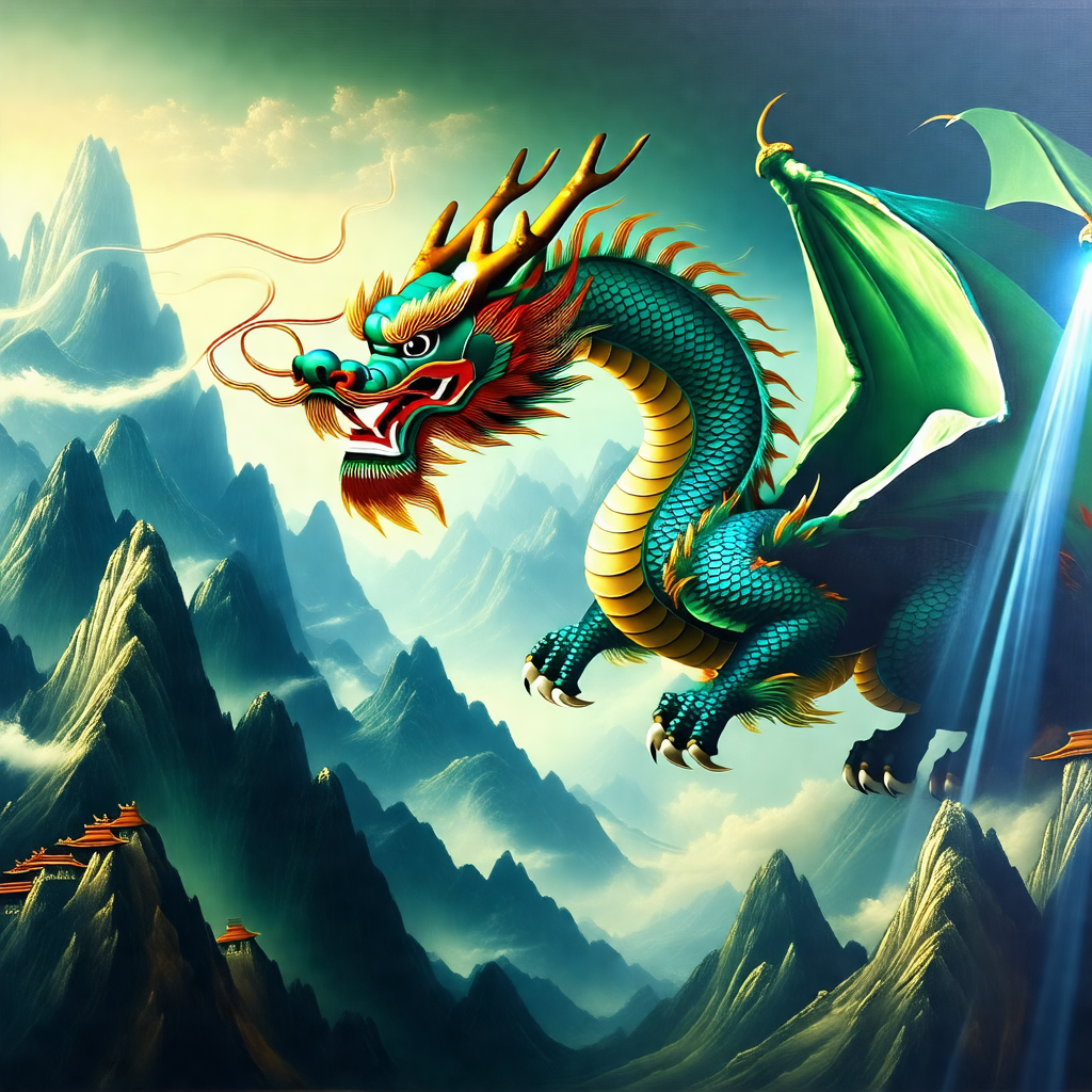 Large, colorful dragon flying through the sky