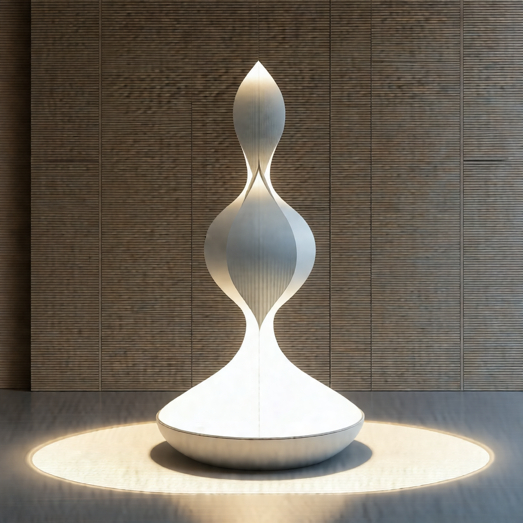 Large, white, modern sculpture sitting on a white pedestal