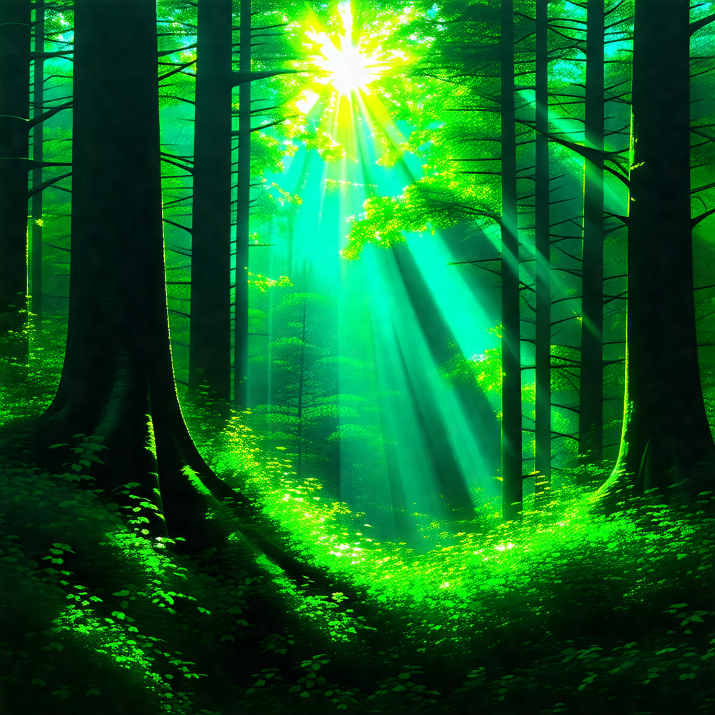 Lush green forest filled with trees and sunlight