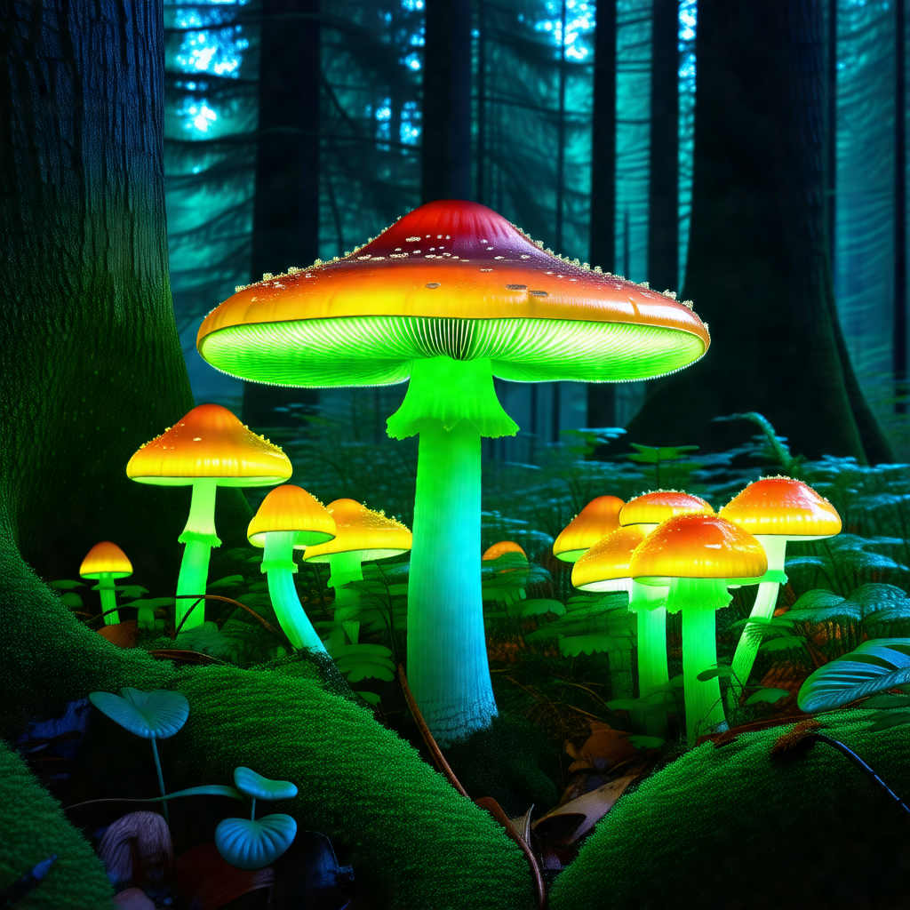 Forest with a variety of mushrooms and trees