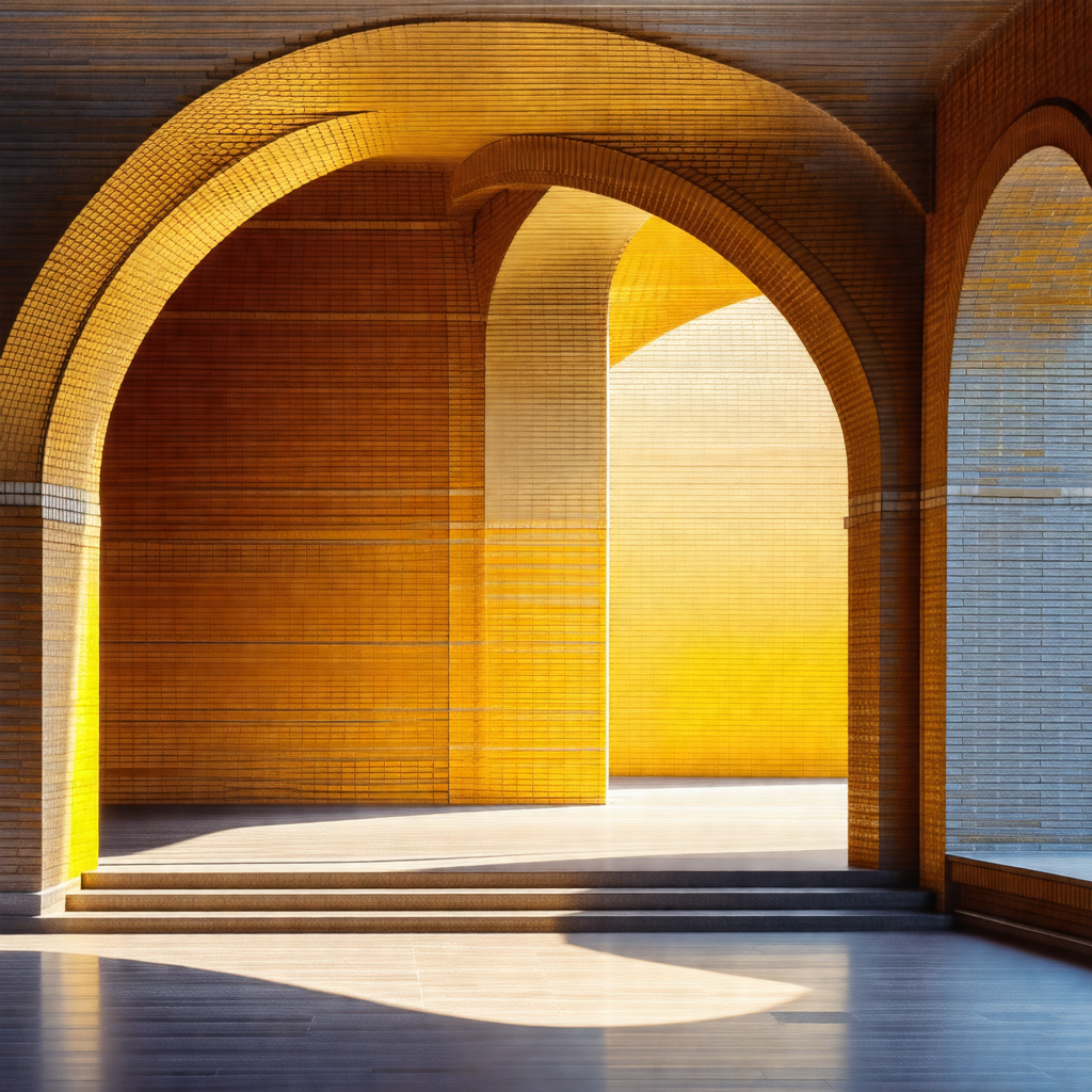 Large, open, and brightly lit room with a yellow brick wall