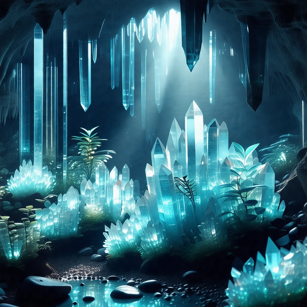 Cave with a beautiful blue light illuminating the space