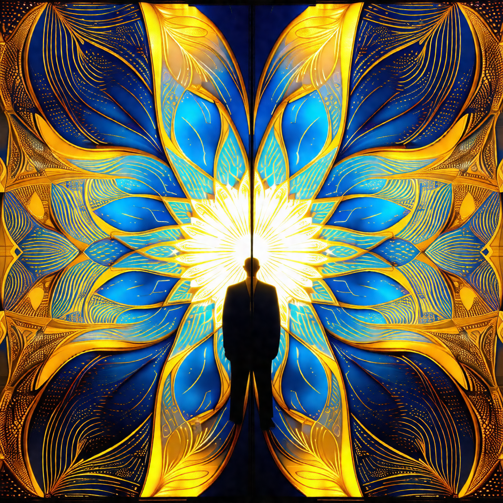 Man standing in front of a large, colorful, and intricate...