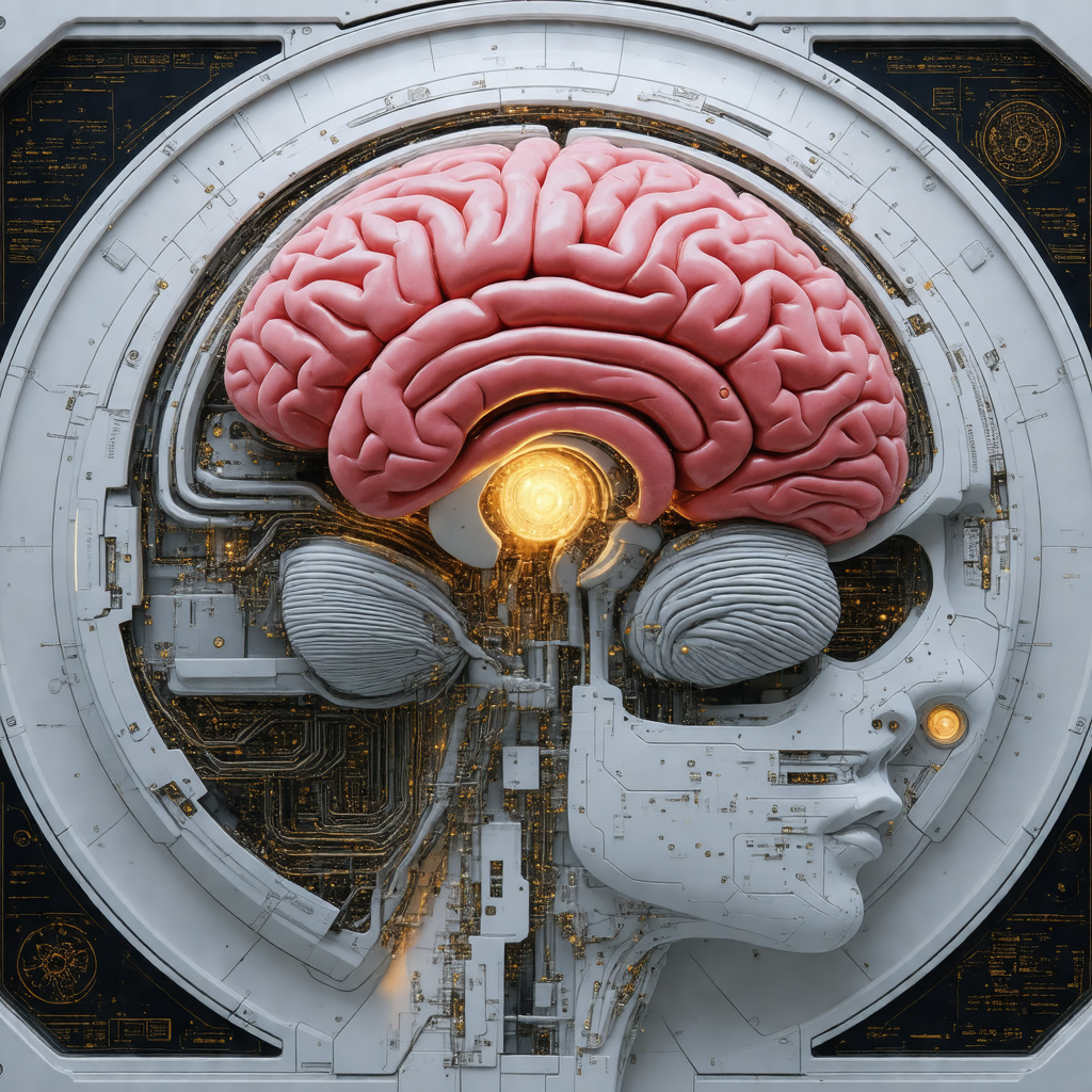 Close-up of a human head, with a red brain visible in the...