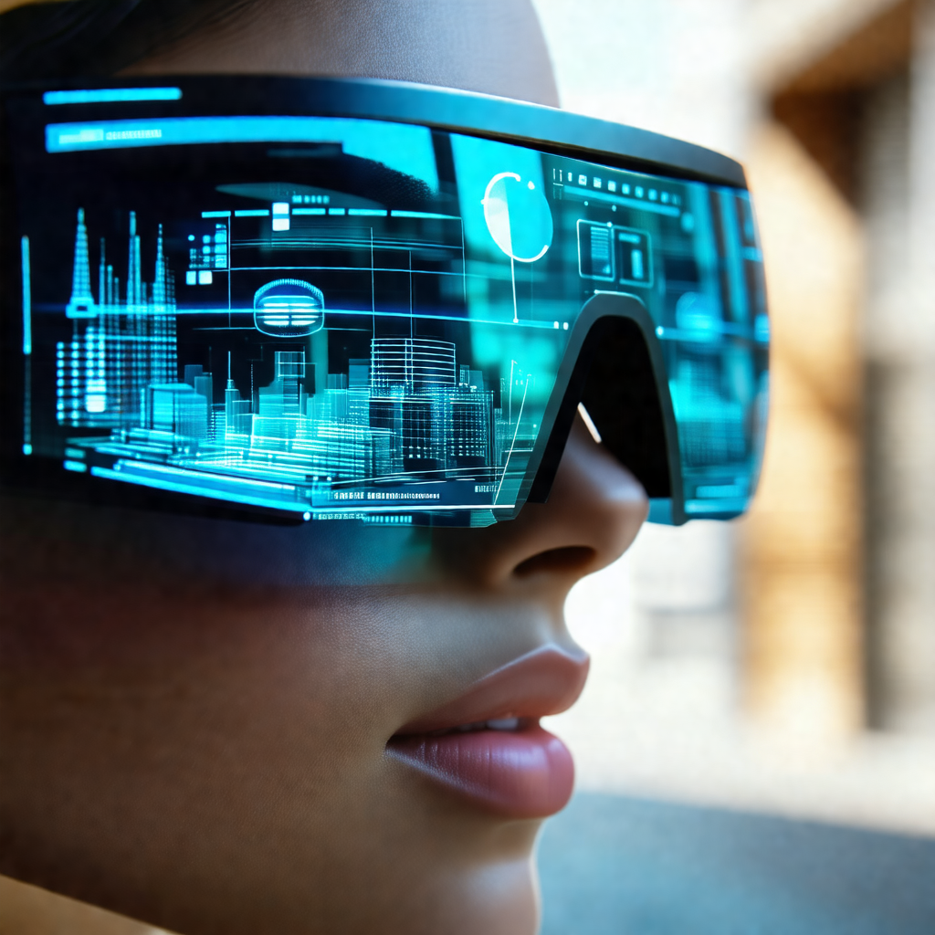 Woman wearing futuristic glasses that display a digital s...