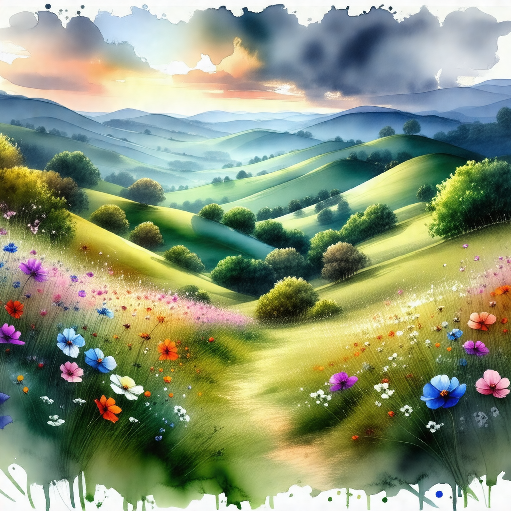Beautiful, lush green hillside with a dirt road running t...
