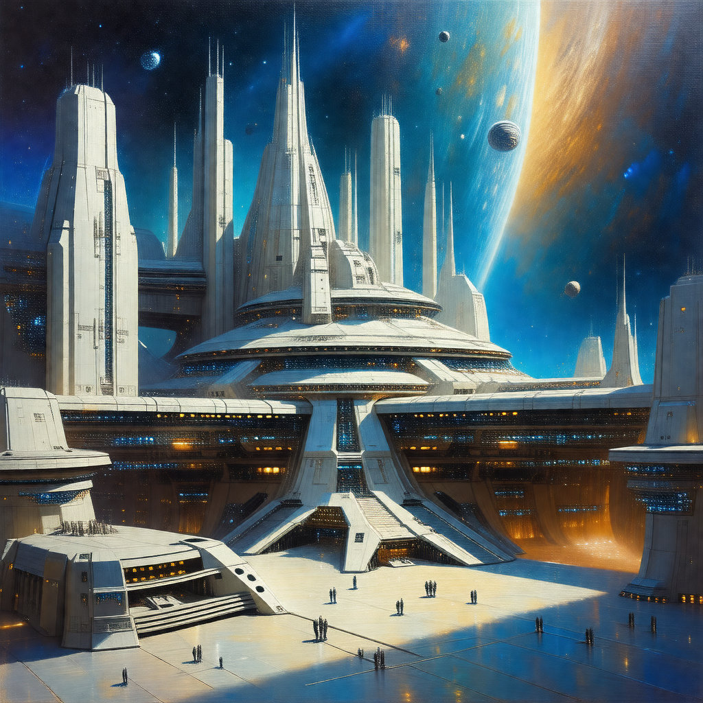 Painting of a futuristic city with a large, white, and in...