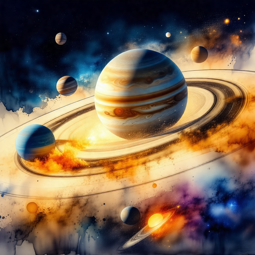 Painting of a solar system, featuring a large planet with...