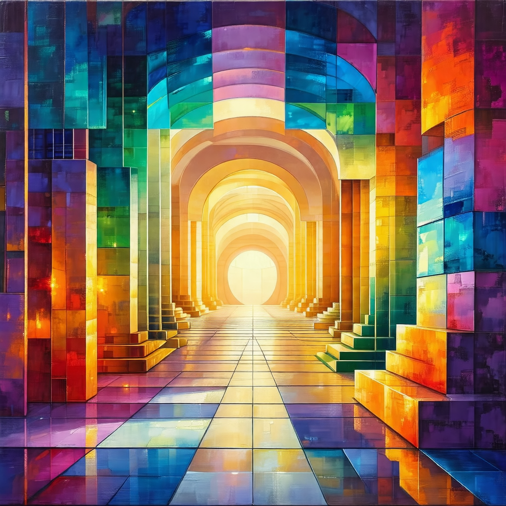 Painting of a hallway with a bright light shining through it