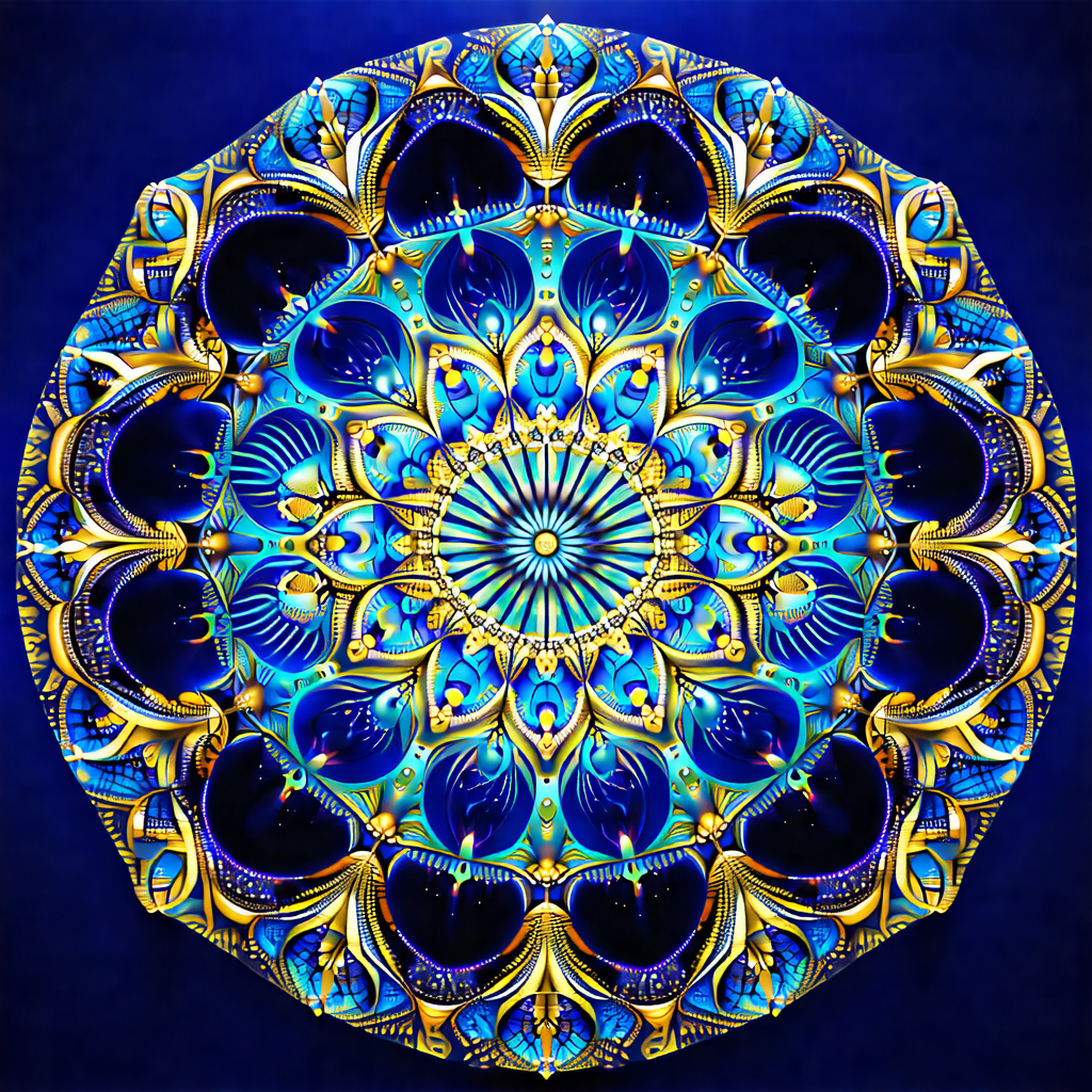 Large, intricately designed blue and gold circular pattern