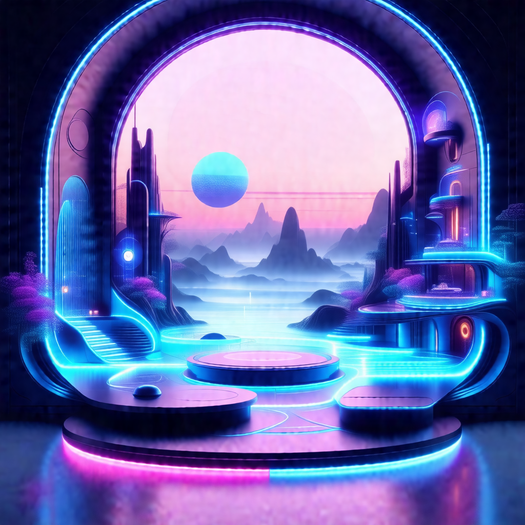 Futuristic, neon-lit scene featuring a large, open doorwa...