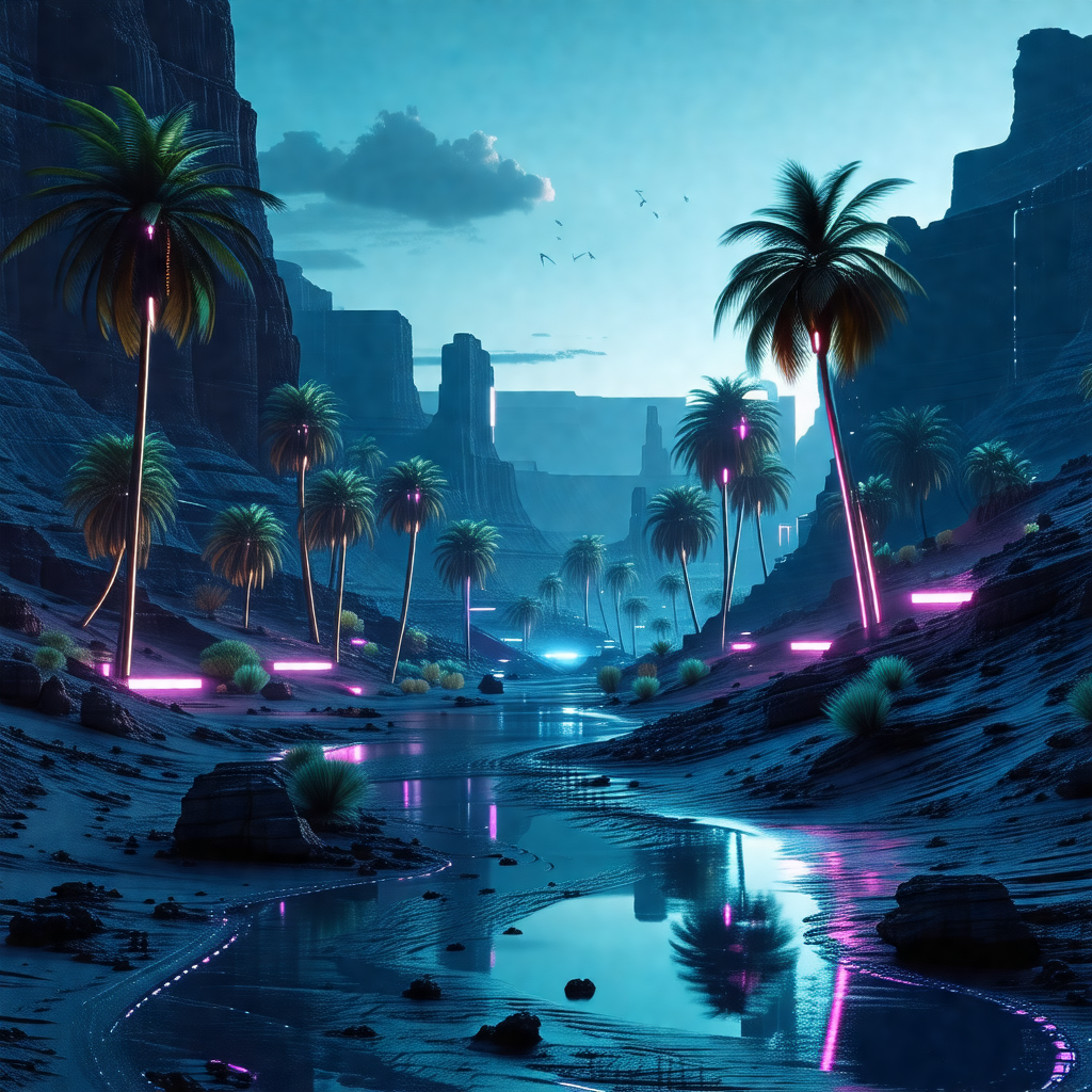Digital painting of a tropical landscape with a river flo...