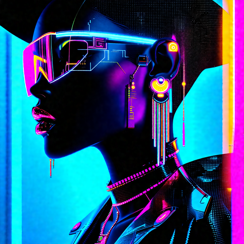 Colorful and futuristic portrait of a woman wearing a bla...