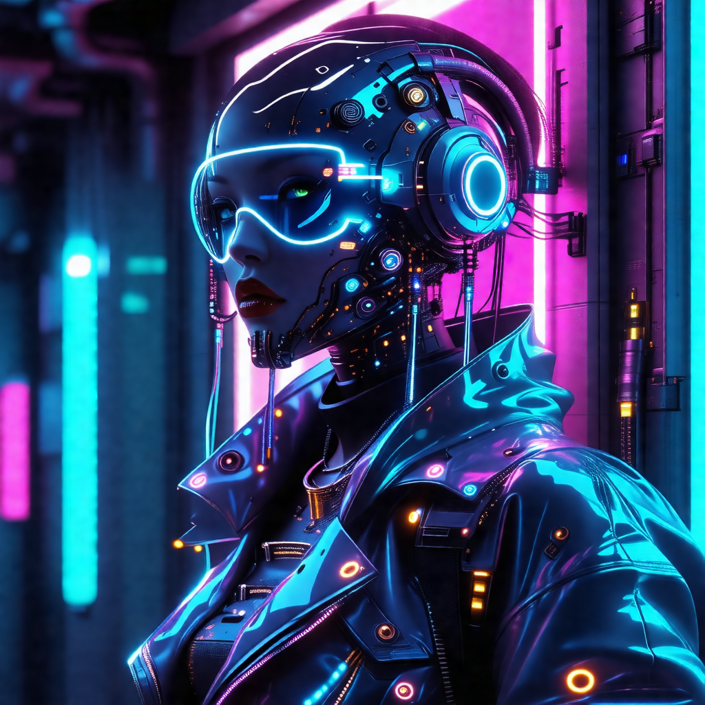 Woman wearing a futuristic outfit, including a jacket and...