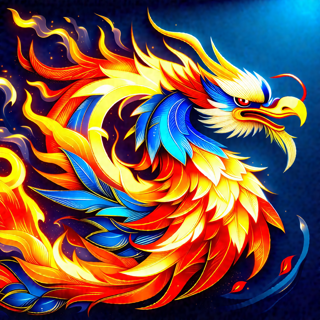 Vibrant and colorful dragon with a mix of orange, blue, a...
