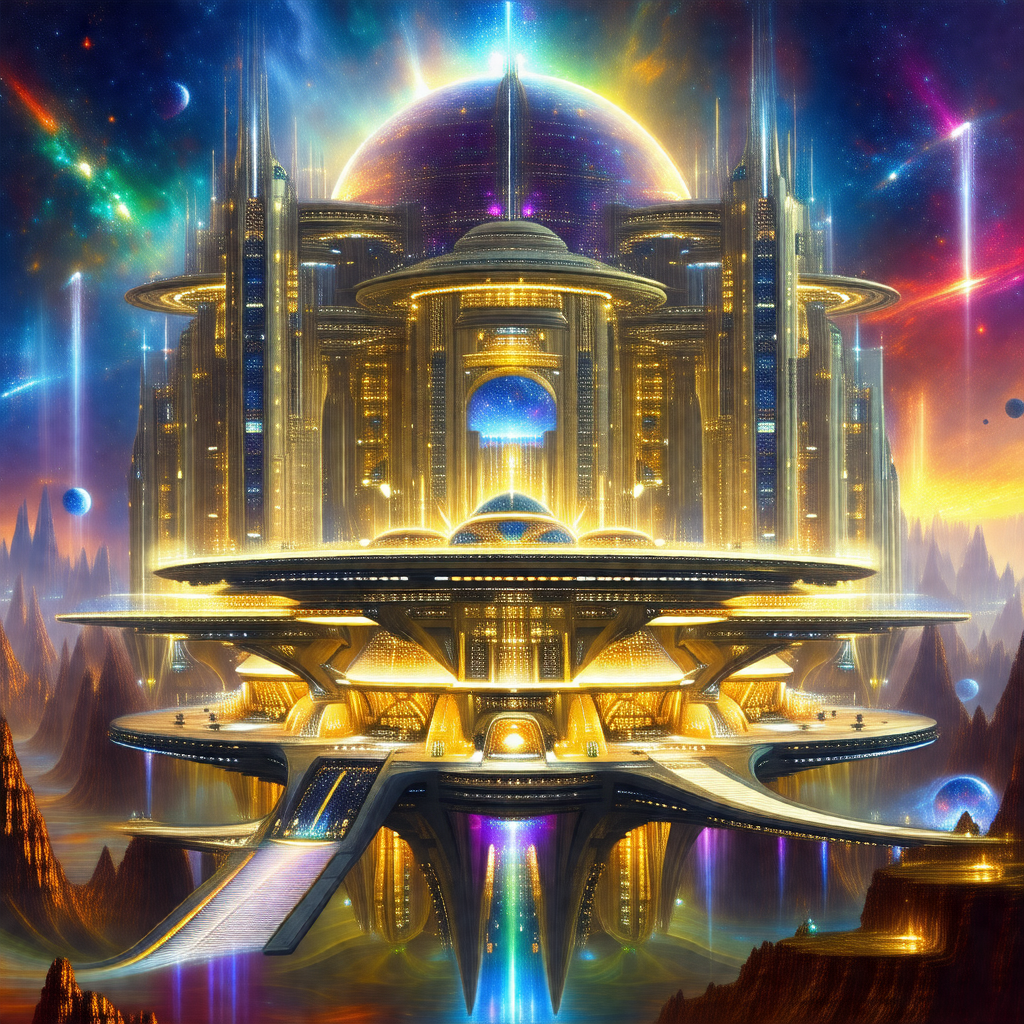 Futuristic painting of a large, multi-level building with...