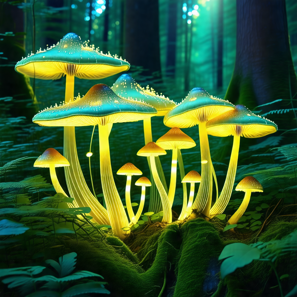 Group of five glowing mushrooms growing in a forest