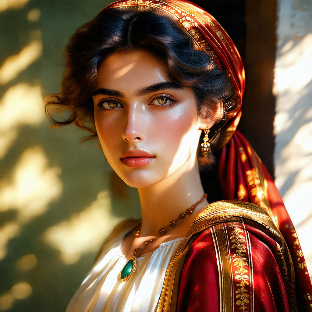 Woman wearing a red headscarf and a gold necklace