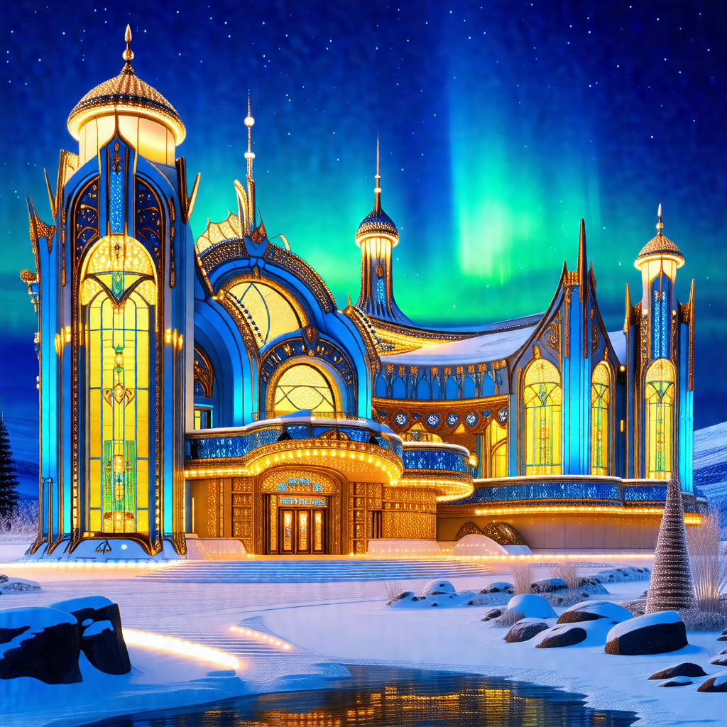 Large, ornate building with a blue and gold color scheme