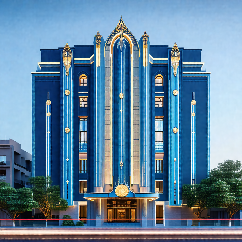 Large, blue and white building with a gold dome on top