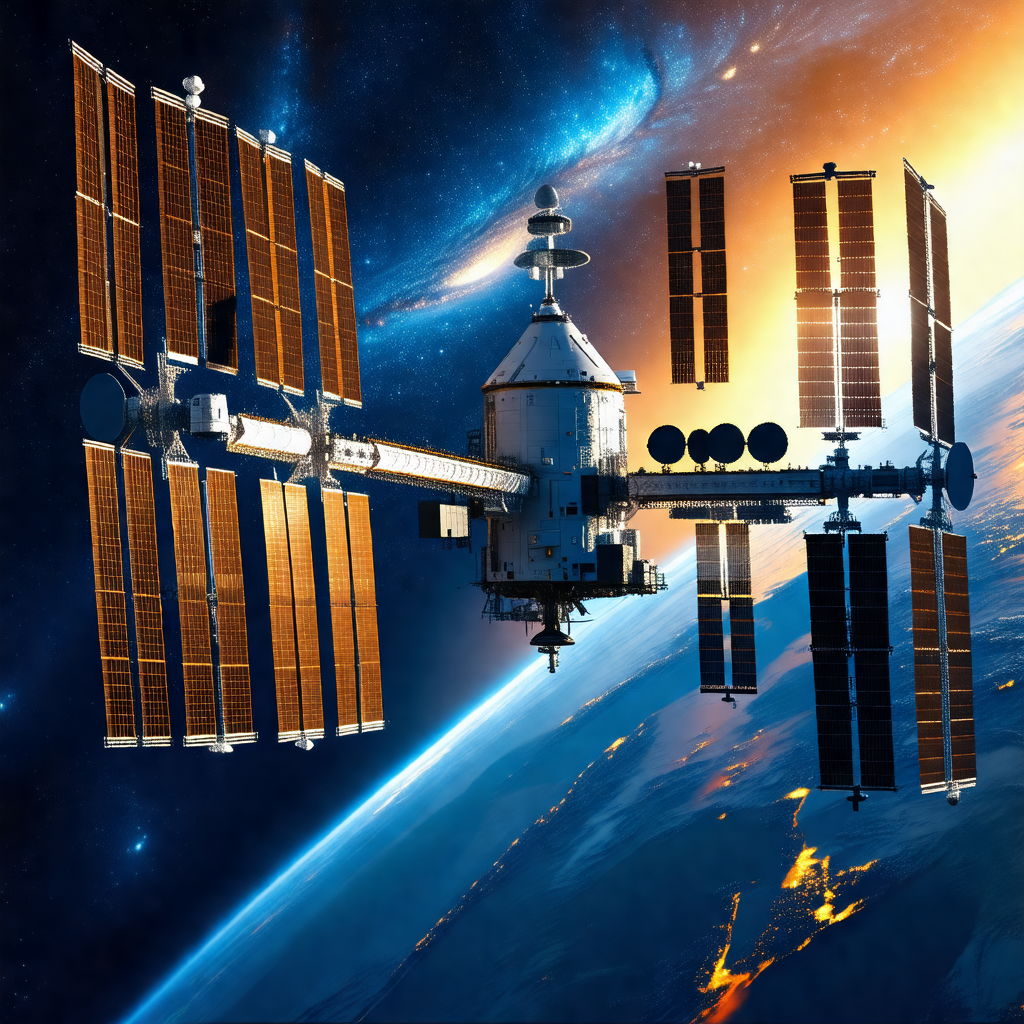 Space station with a large satellite dish on top of it