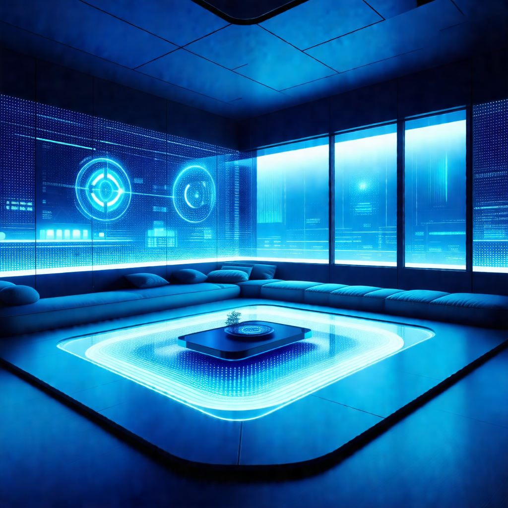 Futuristic living room with a large blue couch and a coff...