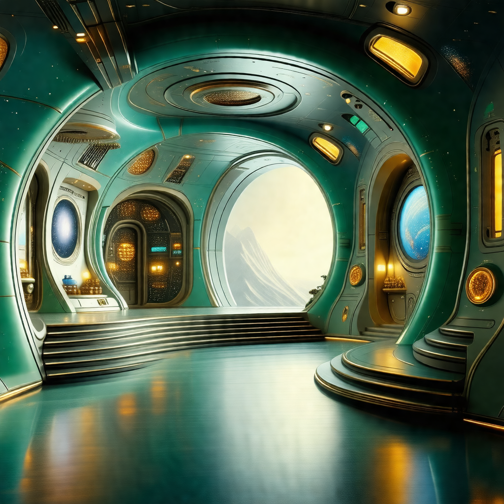 Futuristic space station with a large, curved hallway