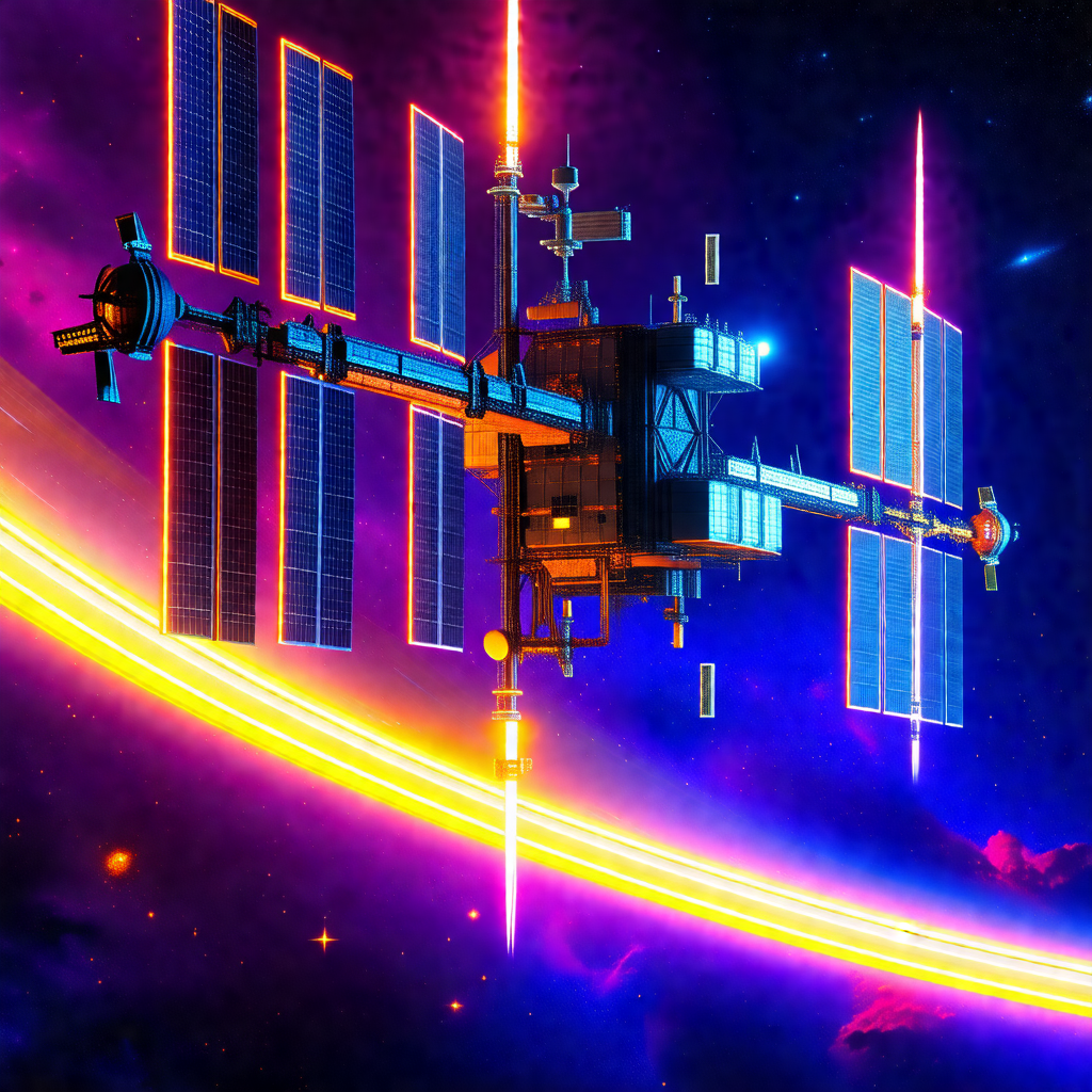 Futuristic space scene featuring a large spacecraft with ...