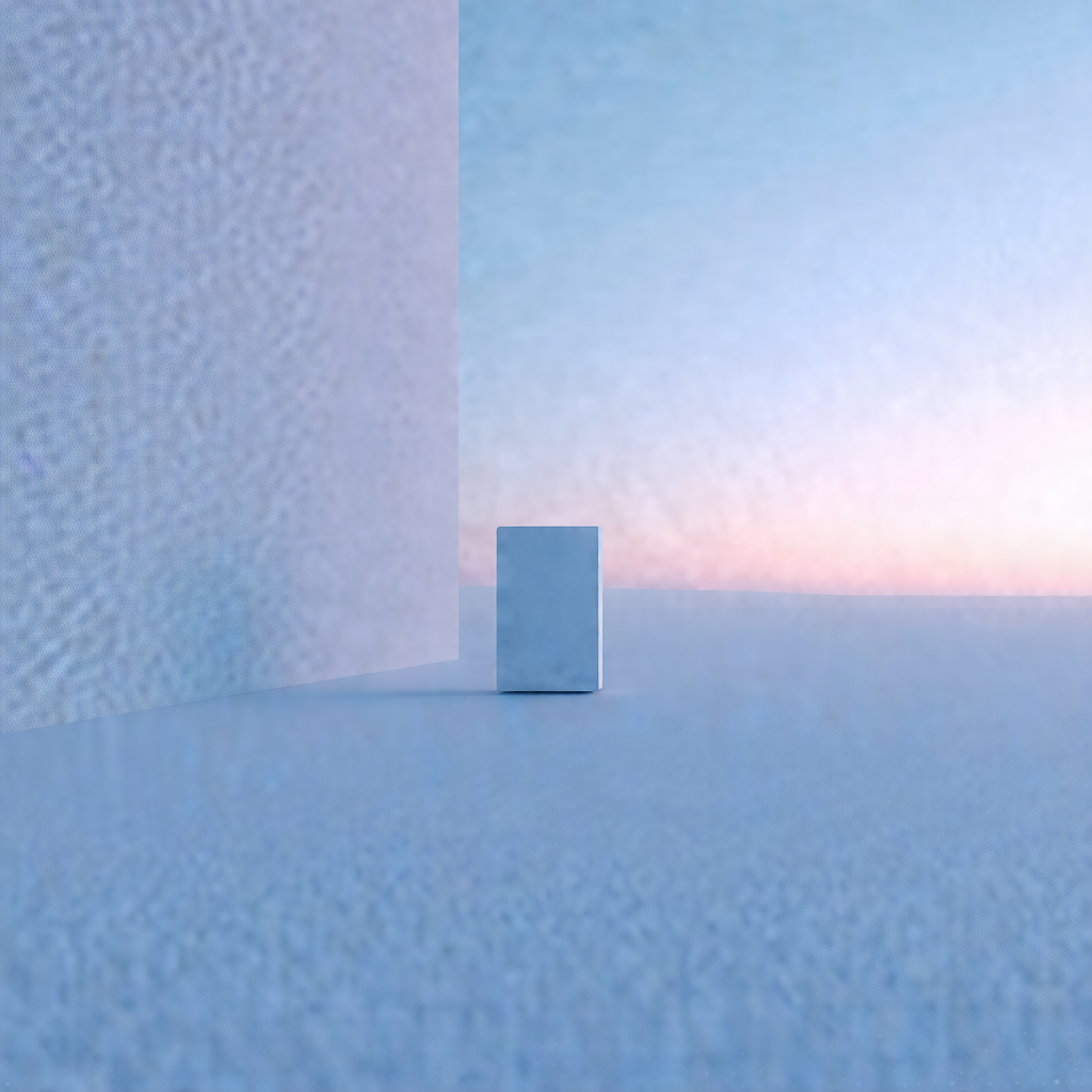 Small, white, square object sitting on a flat, white surface