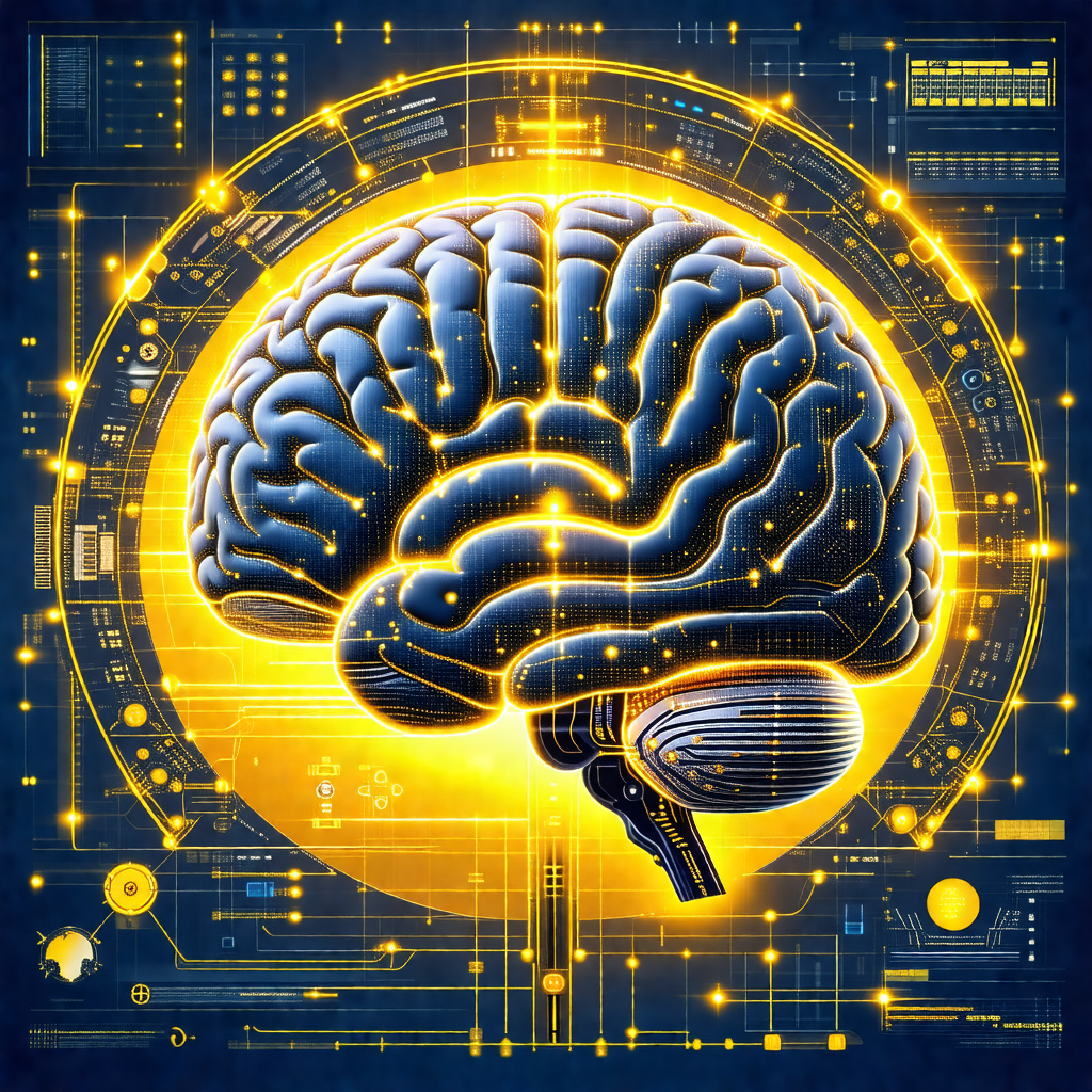 Close-up of a human brain, with a yellow background