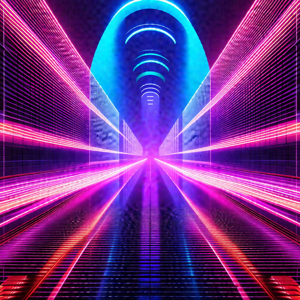 Colorful tunnel with a purple light illuminating the space