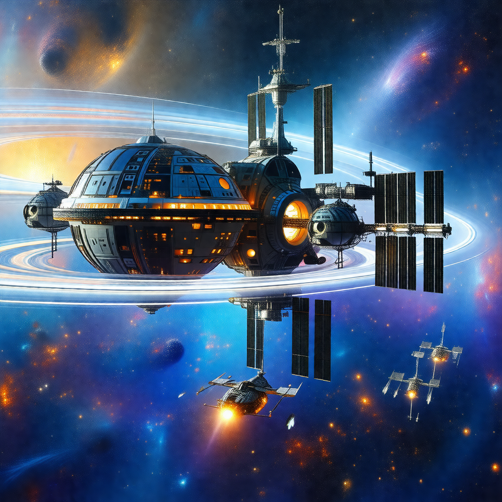Futuristic spacecraft with a large dome on top, floating ...
