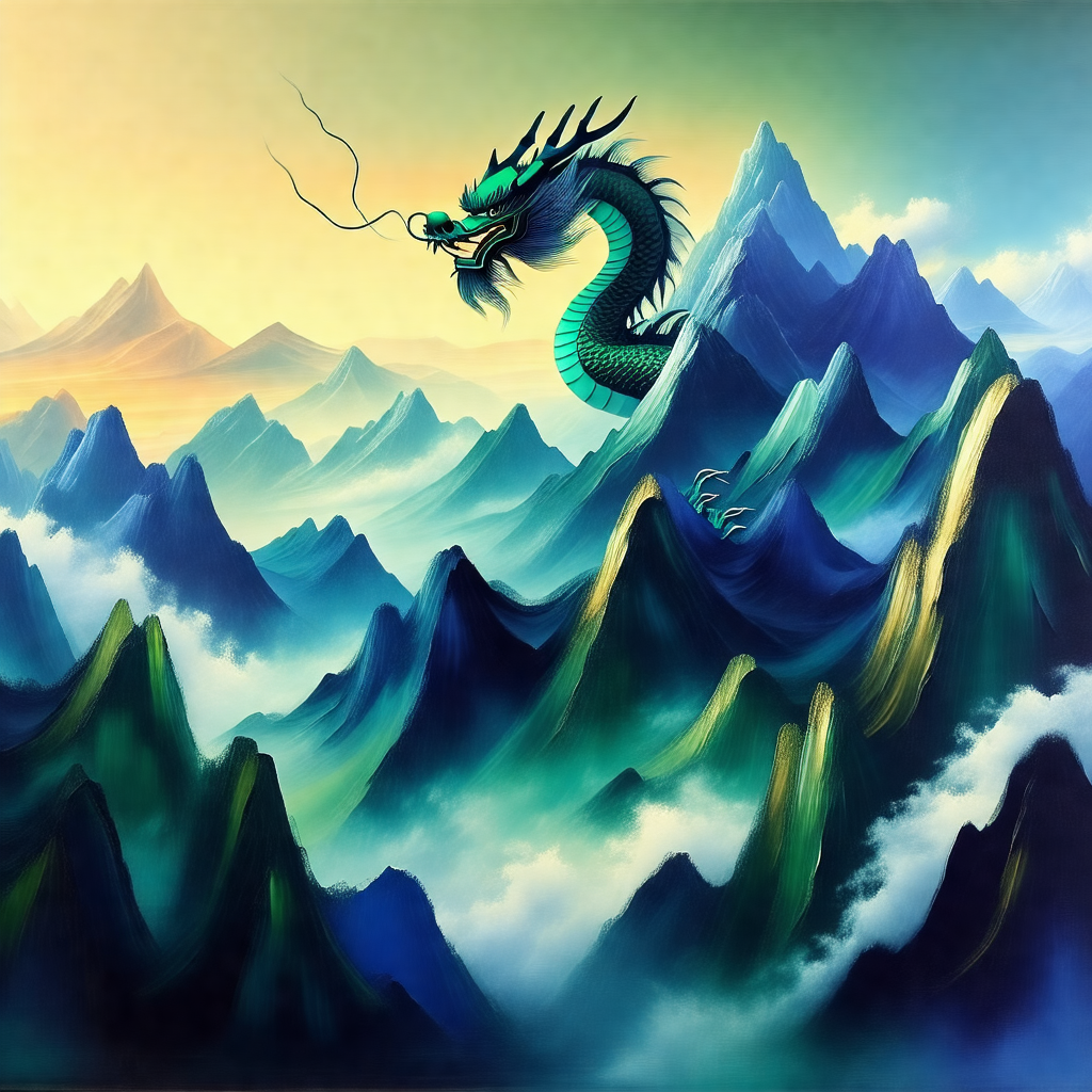 Dragon flying over a mountain range, with its head and ne...