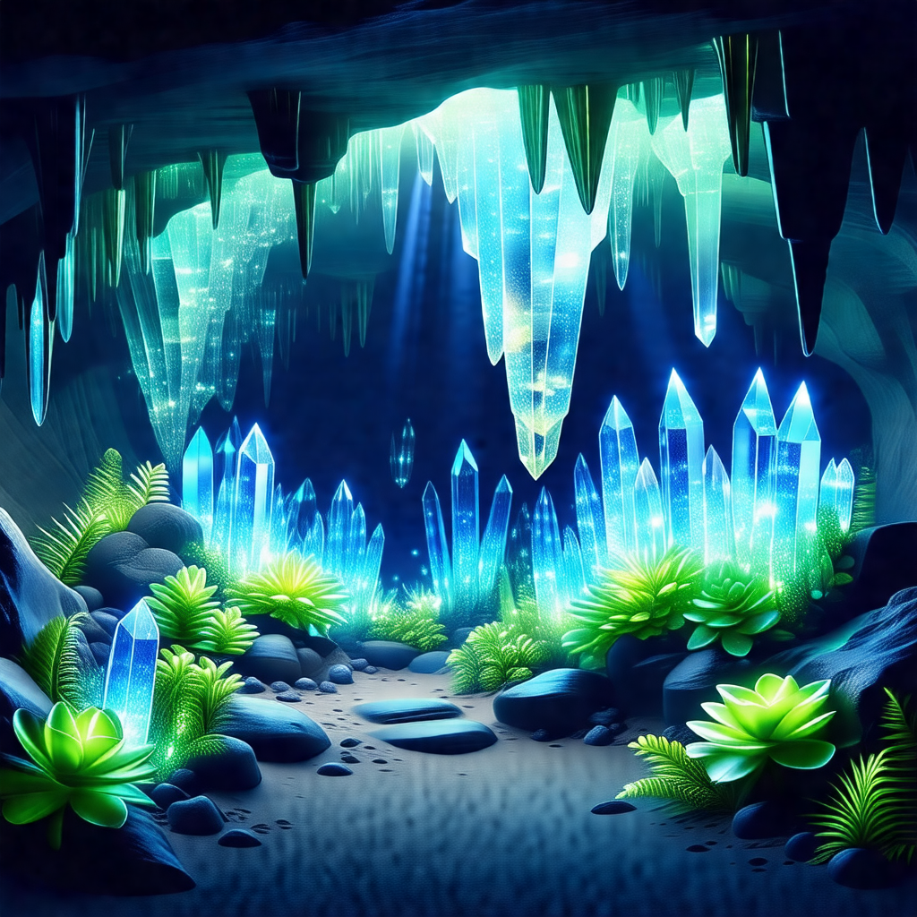 Cartoon-like drawing of a cave with a blue light illumina...