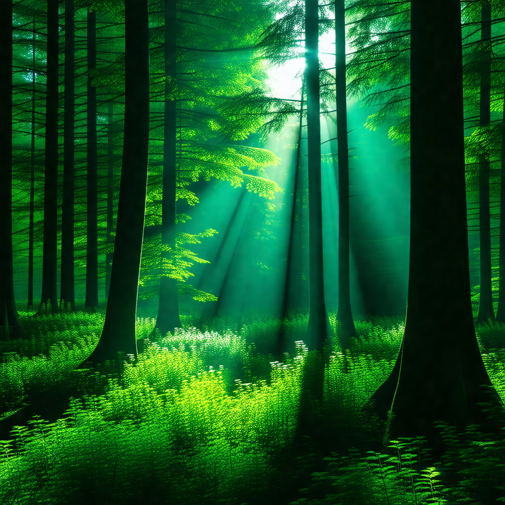 Lush green forest filled with trees and sunlight