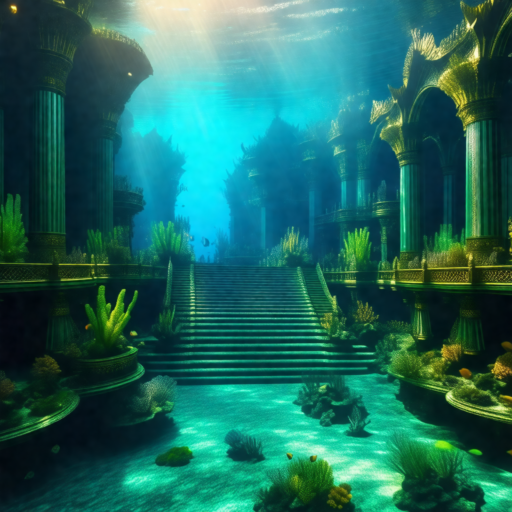 Computer-generated (cgi) depiction of a palace underwater...