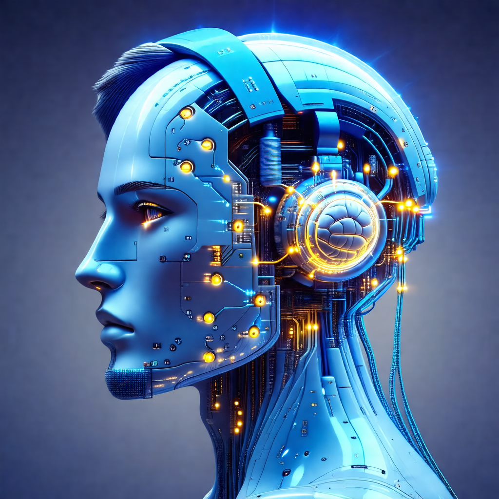 Futuristic robot with a blue head and a pair of blue head...