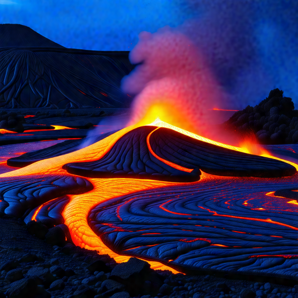 Volcanic landscape with a large, glowing lava flow