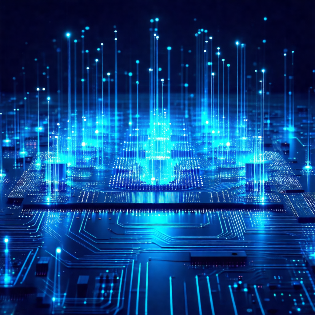 Close-up of a computer circuit board with a blue glow sur...
