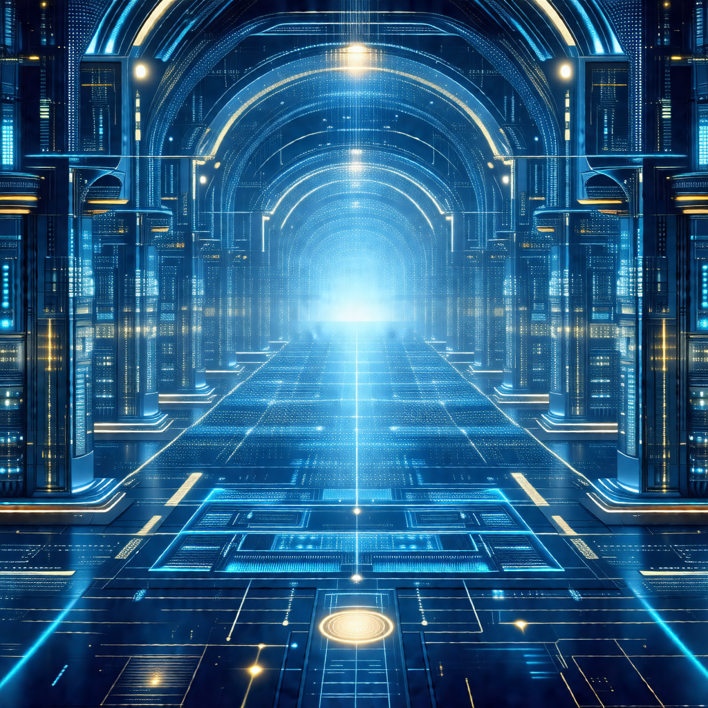 Futuristic, blue-lit tunnel with a bright light at the end