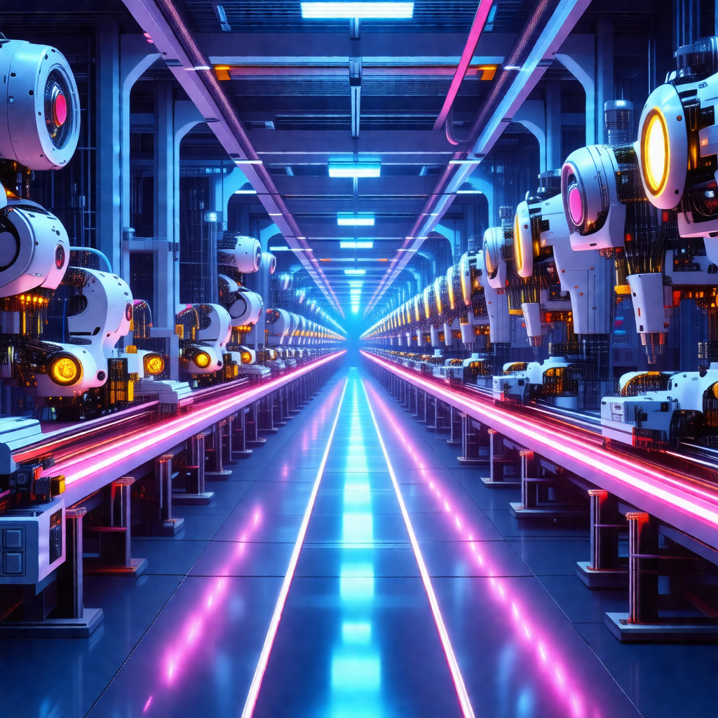 Factory with a long row of robots lined up, working toget...