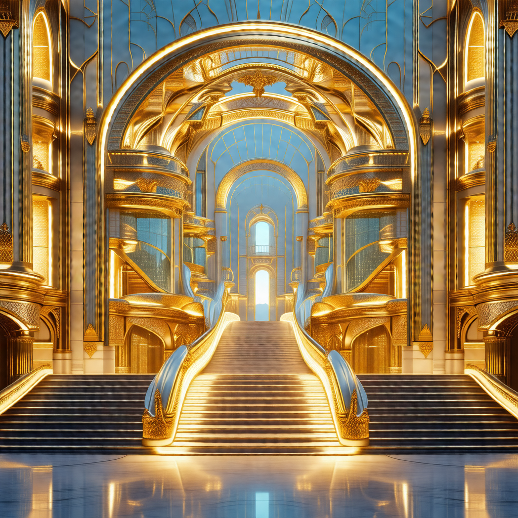 Grand and ornate staircase in a palace, with a gold and w...