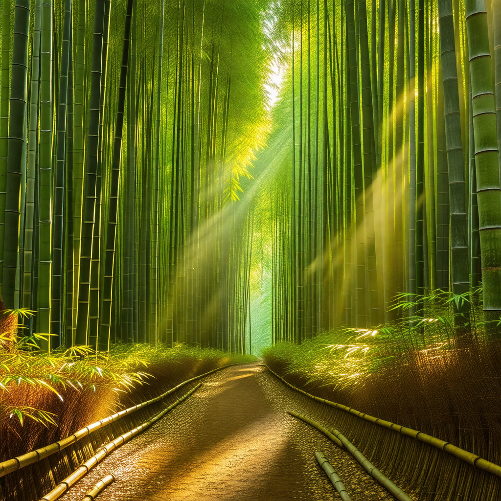 Pathway surrounded by a forest of tall, slender bamboo trees